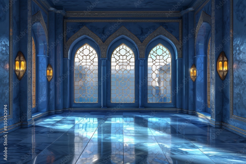 Empty room in Arabic style. Realistic spacious 3d Arabic room with large windows light shines through the window Empty room in Arabic style. Realistic spacious 3d Arabic room with large windows light shines through the window