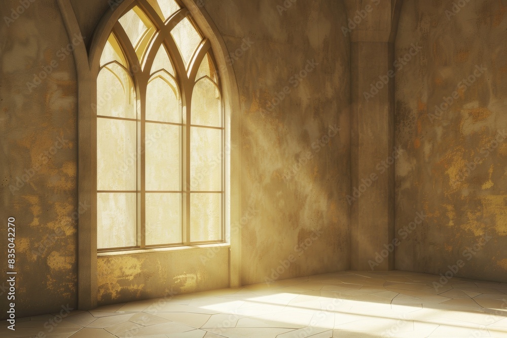 Fototapeta premium Empty room in Arabic style. Realistic spacious 3d Arabic room with large windows light shines through the window