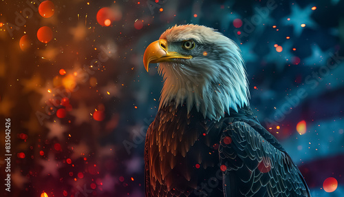 A bald eagle stands in front of an American flag