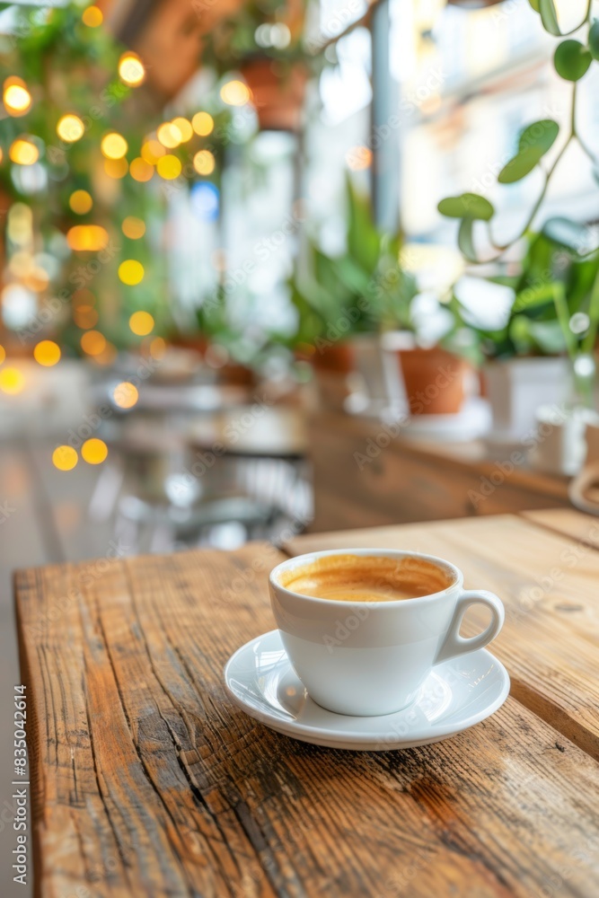 Warm coffee cup in a cozy cafe with bokeh lights Warm coffee cup in a cozy cafe with bokeh lights