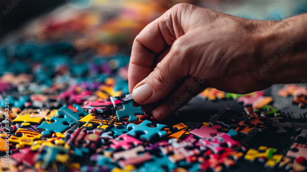 Hand placing a piece into a colorful jigsaw puzzle, with the scattered puzzle pieces creating a sense of focus and engagement in solving the puzzle. Hand placing a piece into a colorful jigsaw puzzle, with the scattered puzzle pieces creating a sense of focus and engagement in solving the puzzle.