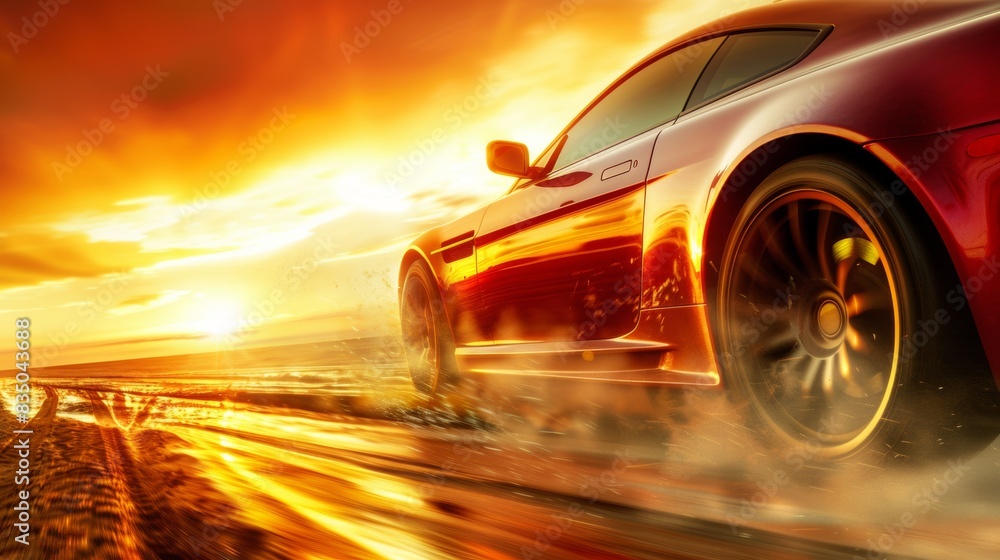 Fiery sunset drive with sleek sports car on open road Fiery sunset drive with sleek sports car on open road