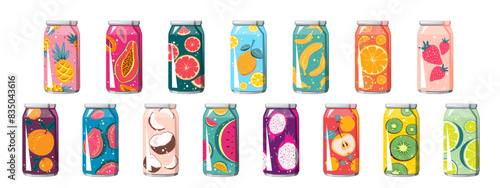 Set of carbonated drinks in aluminum cans. Soda with various fruit flavors. Summer refreshing lemonades, juices, cocktails. Vector illustration.
