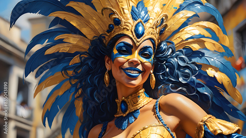 Photo of a woman in a vibrant blue and gold costume celebrating carnival in rio de Janeiro. Generative AI photo