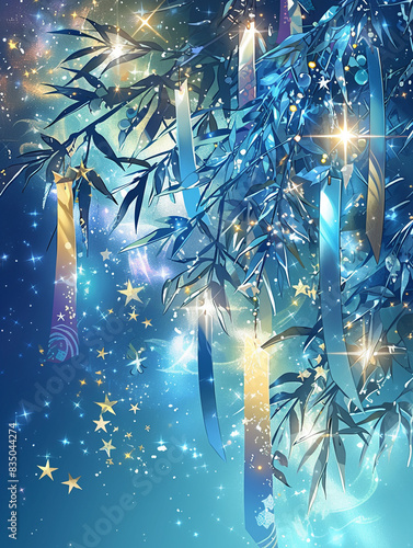 七夕の笹飾りと星の夜の風景イラスト　Generative AI