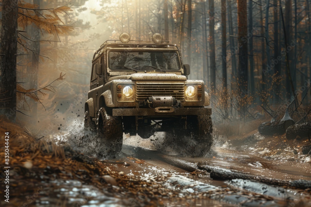 Fototapeta premium In dramatic off-road scene, vehicle kicks up a storm of dust and sand as it races through a dry, rugged landscape, under a bright sun, capturing the essence of speed and endurance in harsh conditions