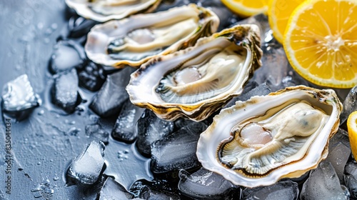 Fresh oysters on ice with lemon wedges photo