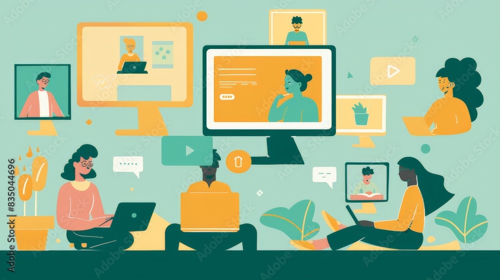 A flat design illustration depicting a character attending a virtual study session with peers, each on their own devices. The minimalist background emphasizes the collaborative aspect of online A flat design illustration depicting a character attending a virtual study session with peers, each on their own devices. The minimalist background emphasizes the collaborative aspect of online