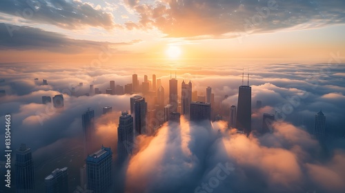 A city skyline partially obscured by low hanging clouds, with tall buildings standing out against the misty sky at sunrise. photo