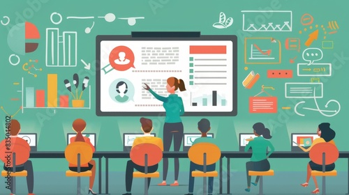 A flat design illustration of a digital classroom with a teacher conducting a lesson via video conference. The minimalist background highlights the seamless interaction between the teacher and