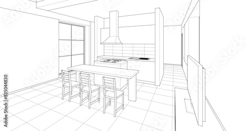 house interior sketch 3d illustration