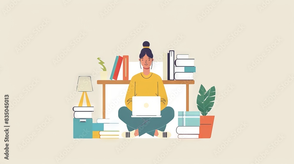 A flat design depiction of a character setting up their home learning workspace, organizing digital devices and educational materials. The minimalist background emphasizes the preparation and A flat design depiction of a character setting up their home learning workspace, organizing digital devices and educational materials. The minimalist background emphasizes the preparation and