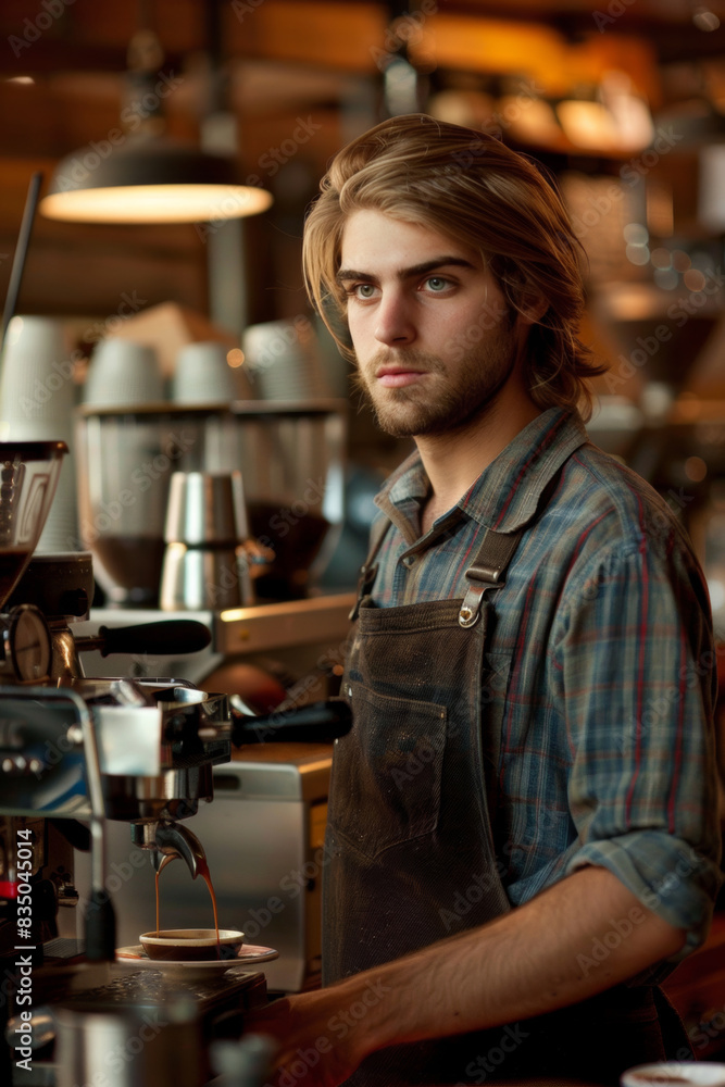 Barista waiting at coffee machine in cozy cafe ambiance Barista waiting at coffee machine in cozy cafe ambiance