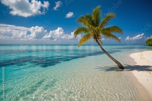 A stunning tropical beach with white sand  a turquoise ocean in the background  a blue sky with clouds on a sunny summer day. A palm tree leans over the water  creating a perfect landscape for a relax