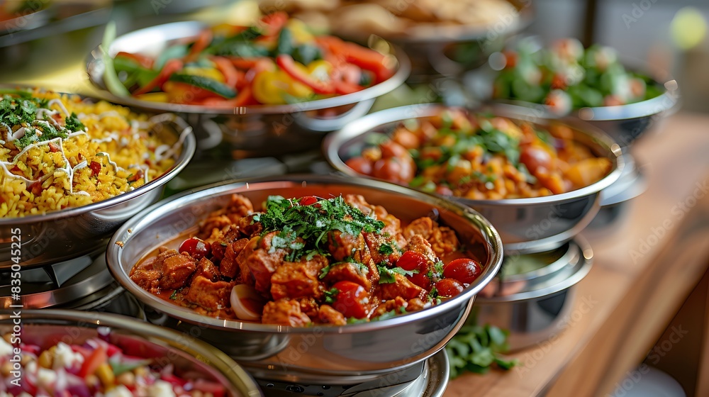 A close-up shot of the delicious dishes in stainless steel chafing hearth boxes, creating an attractive display for diverse food items like colorful salad leaves. A close-up shot of the delicious dishes in stainless steel chafing hearth boxes, creating an attractive display for diverse food items like colorful salad leaves.