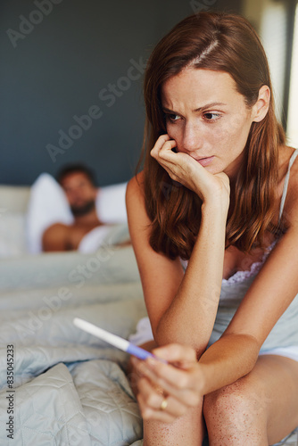 Bilde på lerret Woman, pregnancy test and stress in bedroom with results, sad and worrying to start family in home