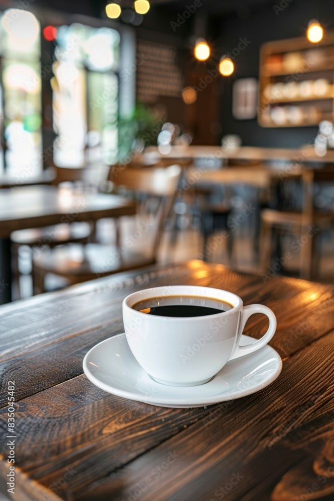 Fototapeta premium Freshly brewed coffee in a white cup at a cozy cafe