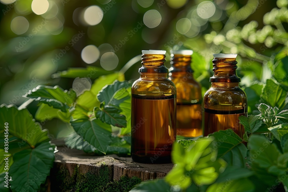 Close-up of three glass bottles filled with natural plant oils, nestled amongst fresh greenery on a tree stump. Generative AI Close-up of three glass bottles filled with natural plant oils, nestled amongst fresh greenery on a tree stump. Generative AI