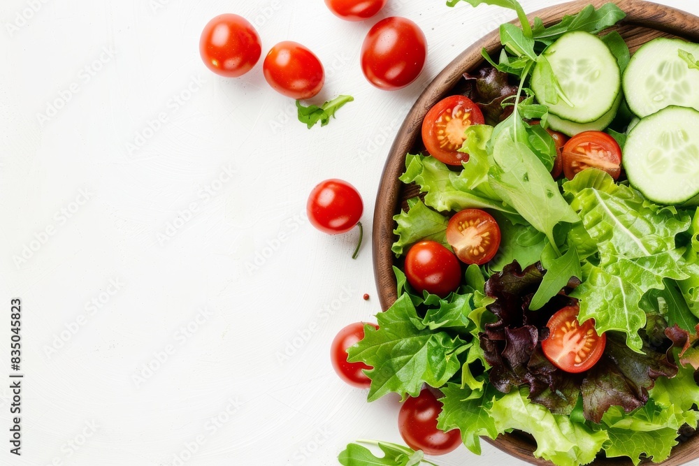 Fresh vegetable salad in a wooden bowl on a white background