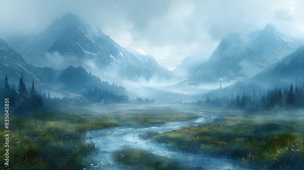 Wild, tranquil river valleys depicted with subtle shading and atmospheric perspective Wild, tranquil river valleys depicted with subtle shading and atmospheric perspective