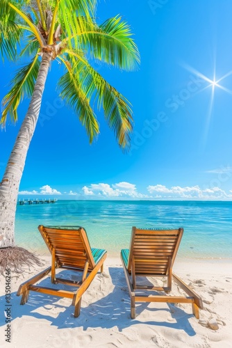 Tropical beach paradise with sun loungers under a palm tree