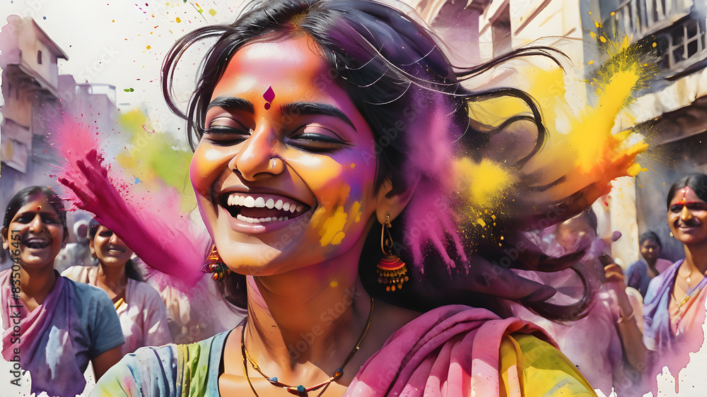 Fototapeta premium Portrait of happy Indian woman celebrating Holi with powder colors gulal. Concept of Indian festival Holi. Generative AI