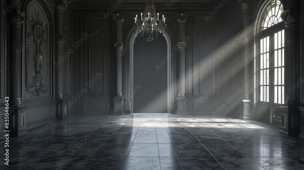 Fototapeta premium Elegant Sunlit Grand Hallway with Chandeliers and Marble Floors. Generative AI