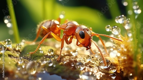 A close-up and super macro shot of a red ant looking for food