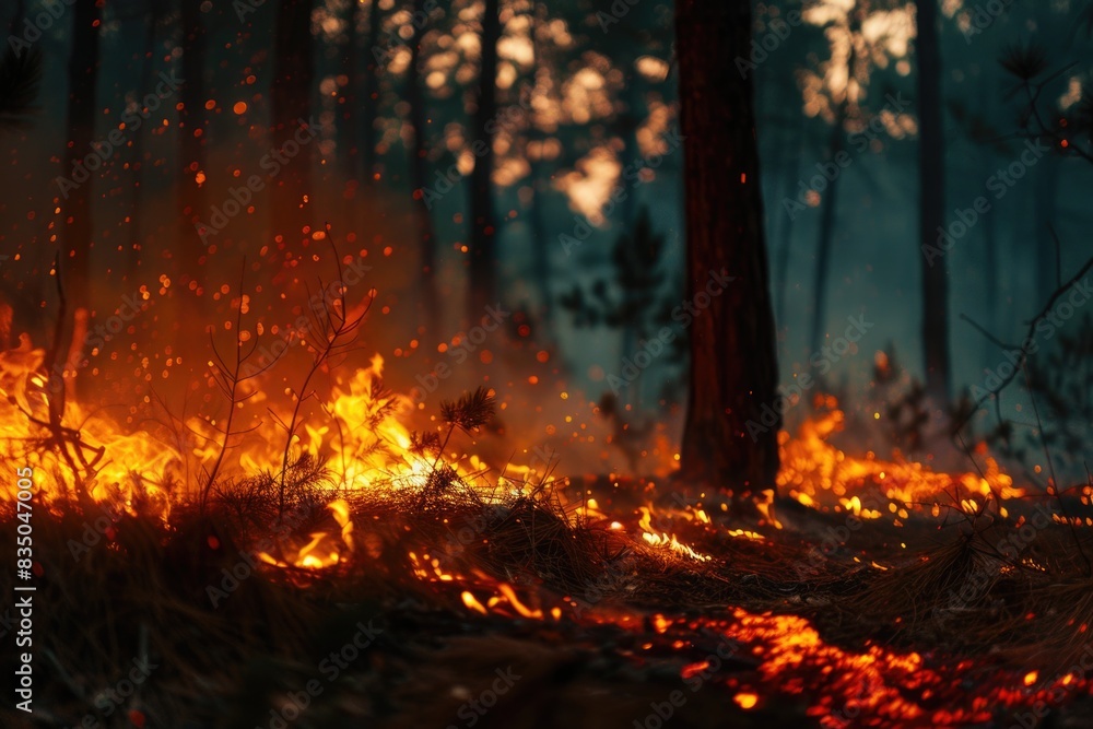 Fire in the forest, burning trees and grasses. Fire in the forest, burning trees and grasses.
