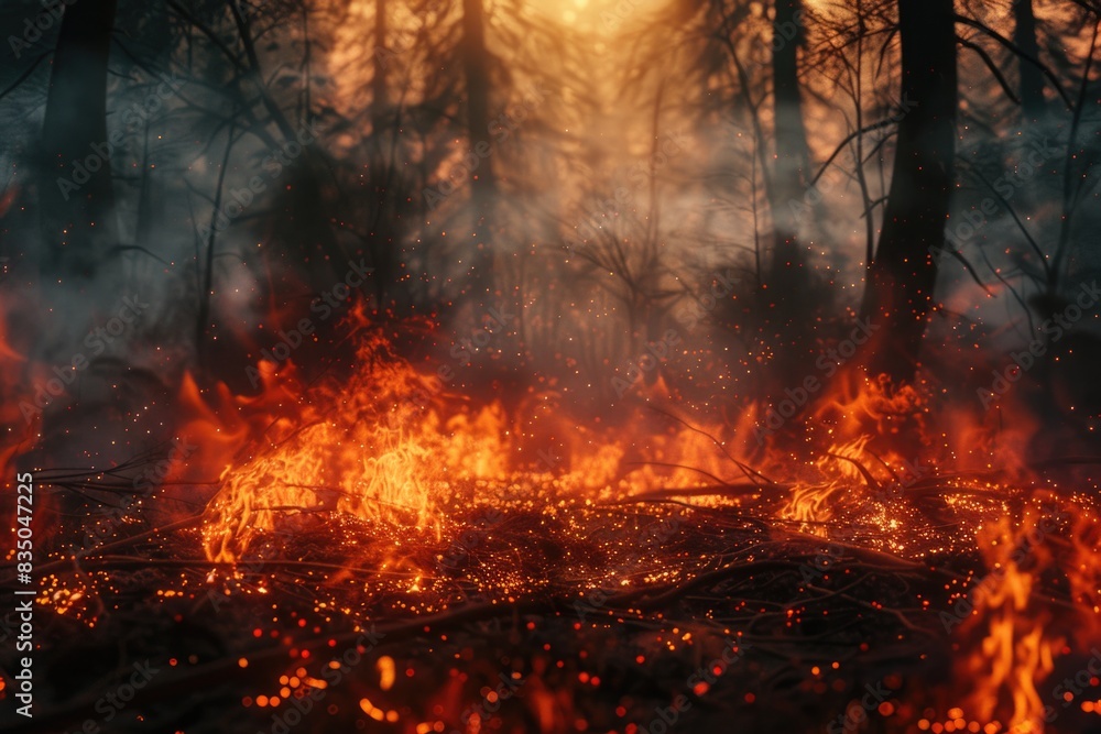 Fire in the forest, flames and smoke on ground. Fire in the forest, flames and smoke on ground.
