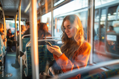 The young woman is seated on the bus by the window, and the photo captures her reflection in the glass as she looks at her phone. Everyday lifestyle concept on public transportatio photo