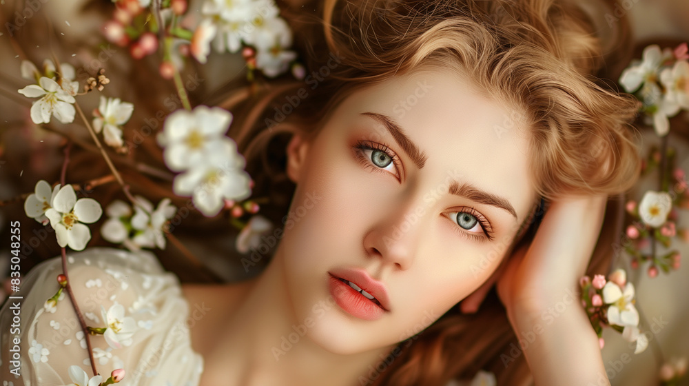 Serene woman surrounded by delicate spring blossoms. Generative AI Serene woman surrounded by delicate spring blossoms. Generative AI