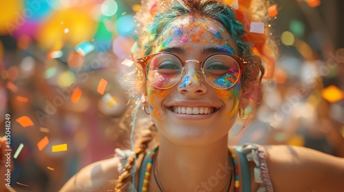 Realistic photo of a person with rainbow hair and face paint