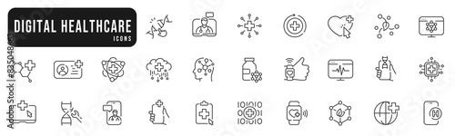 Digital health icons set. Tech, virtual, computing, phone, medicine line icon set. Editable strokes