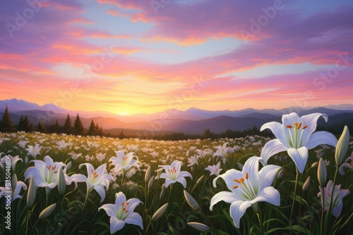 a field of white flowers with a sunset in the background  A backdrop of a pastel sunrise over a peaceful meadow filled with Easter lilies