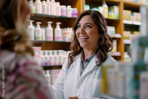  An over-the-shoulder shot from the customer's perspective, showing the happy mid-age female pharmacy manager in plain white lab coat explaining a product with a genuine smile. Th