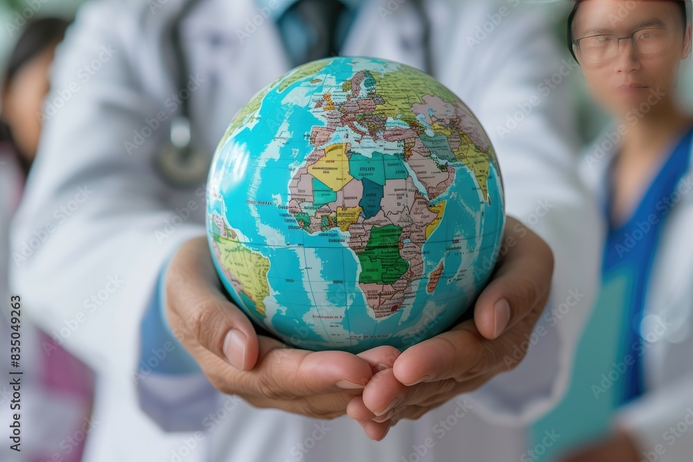 miniature doctors standing around a globe on a blue background, A clean, crisp design showcasing a globe and doctors around the world to represent National Doctors Day miniature doctors standing around a globe on a blue background, A clean, crisp design showcasing a globe and doctors around the world to represent National Doctors Day
