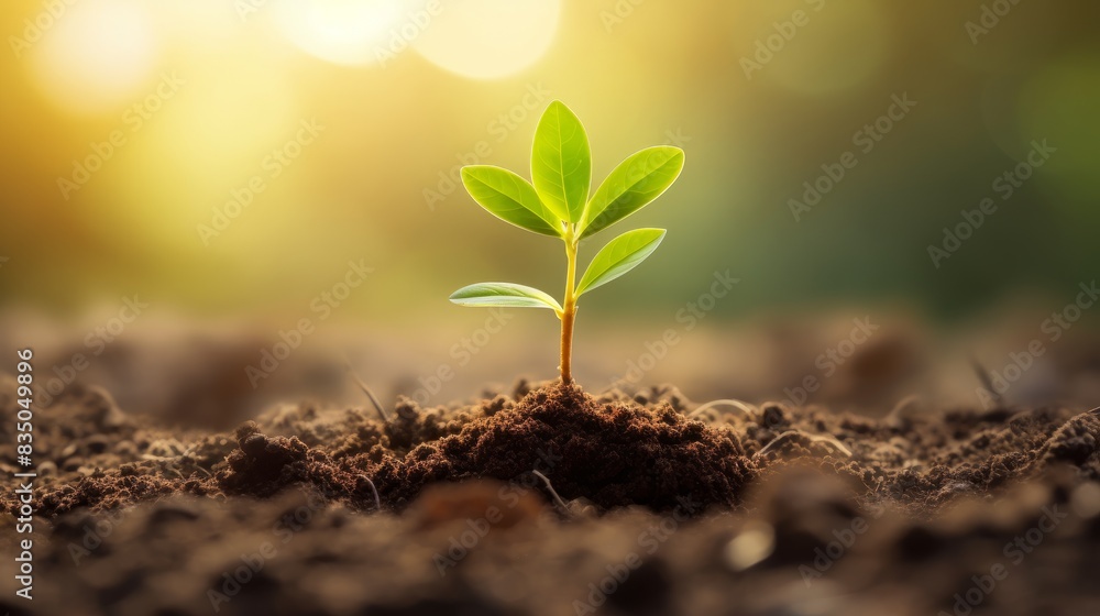 Little green sprouts appeared from the ground on a sunny spring day. Closeup of growing little green sprout appearing from the ground Little green sprouts appeared from the ground on a sunny spring day. Closeup of growing little green sprout appearing from the ground