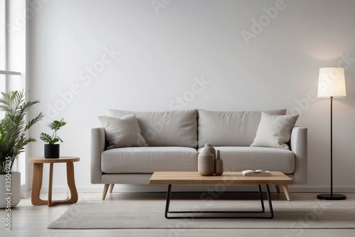 Interior home of living room with sofa and plants on empty white wall background