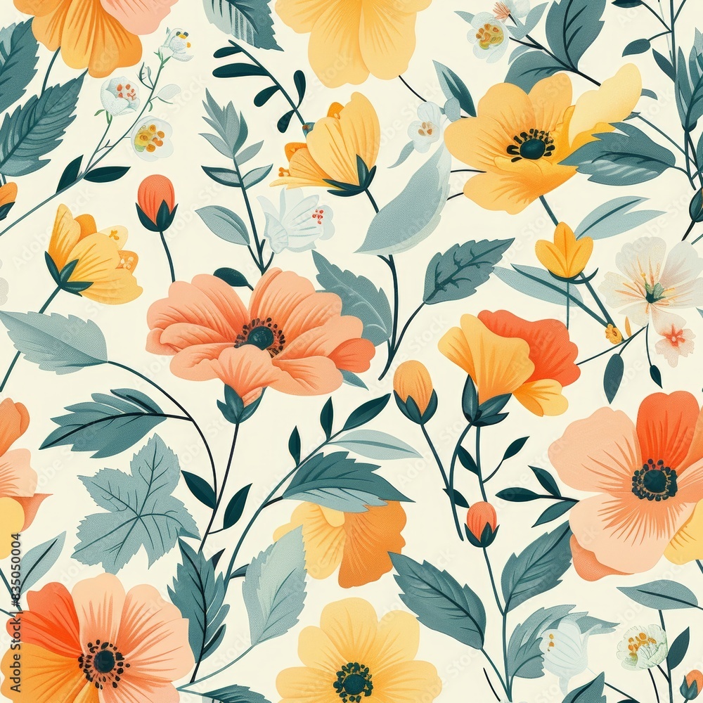 Create a light and airy design featuring vibrant petals and delicate blossoms in pastel colors. The pattern should evoke a cheerful spring mood with whimsical flowers and fresh greenery. Use a Create a light and airy design featuring vibrant petals and delicate blossoms in pastel colors. The pattern should evoke a cheerful spring mood with whimsical flowers and fresh greenery. Use a