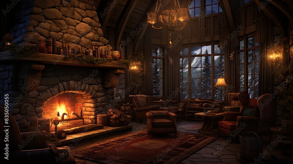 a living room with a fireplace and a couch, A cozy cottage in the woods, with a fireplace crackling and a warm glow coming from the windows a living room with a fireplace and a couch, A cozy cottage in the woods, with a fireplace crackling and a warm glow coming from the windows