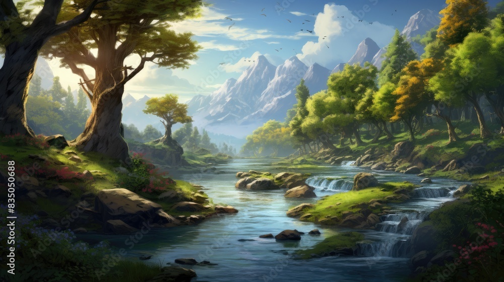 a painting of a mountain stream in a forest, A dreamlike landscape with a winding river, lush trees, and a gentle breeze a painting of a mountain stream in a forest, A dreamlike landscape with a winding river, lush trees, and a gentle breeze