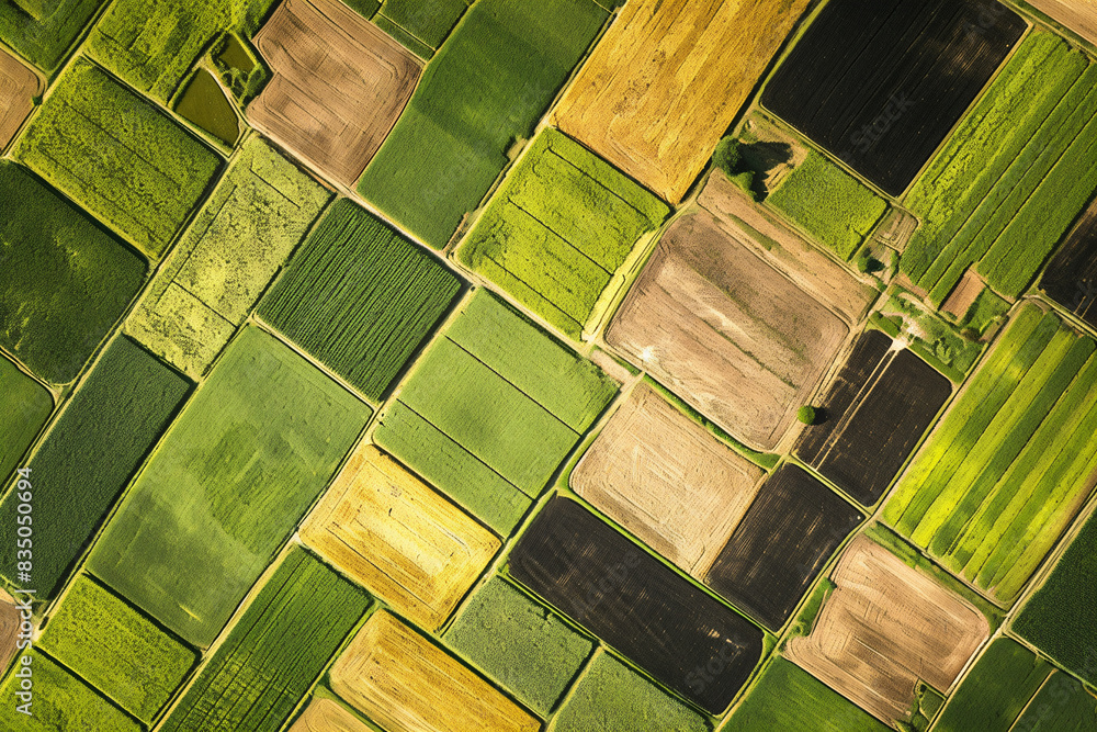 © alexandr - Aerial view of farmland with fields in different colors including green brown and yellow creating a patchwork effect © alexandr - Aerial view of farmland with fields in different colors including green brown and yellow creating a patchwork effect