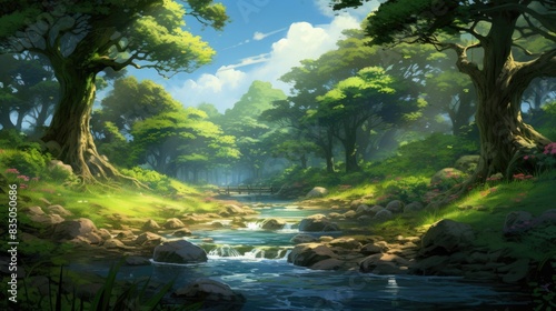a painting of a mountain stream in a forest  A dreamlike landscape with a winding river  lush trees  and a gentle breeze