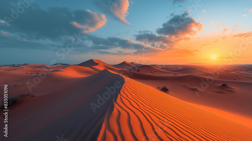 Majestic Sunset Over Serene Desert Dunes. Generative AI