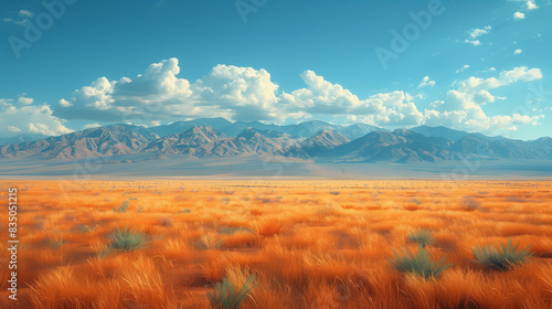 Desert landscape with golden grasses and mountain range under a cloudy sky. Generative AI