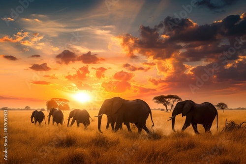 a herd of elephants walking across a lush green field, A group of elephants majestically crossing a African savannah with a stunning sunset background