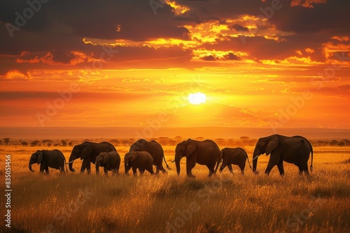 a herd of elephants walking across a lush green field, A group of elephants majestically crossing a African savannah with a stunning sunset background photo