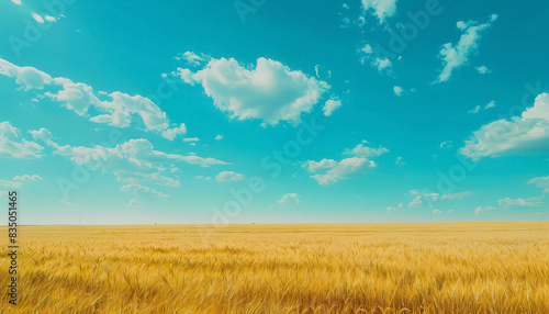 A field of tall grass with a clear blue sky above