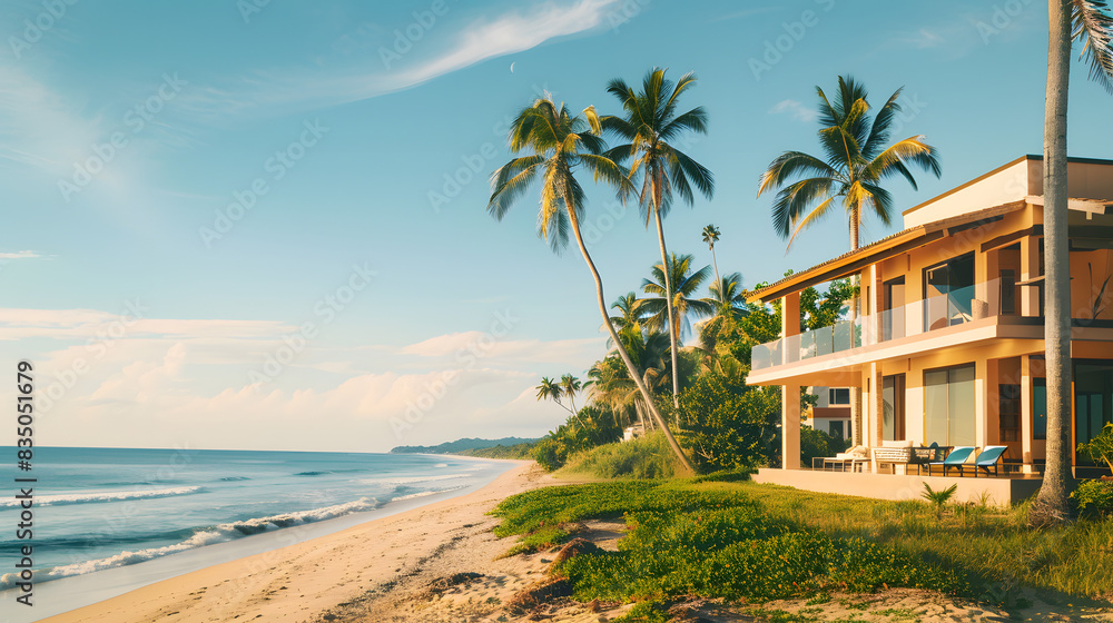 Stunning Beachfront House Exterior with Palm Trees and Ocean View at Sunset, Perfect for Tranquil Getaway and Coastal Real Estate Inspiration Stunning Beachfront House Exterior with Palm Trees and Ocean View at Sunset, Perfect for Tranquil Getaway and Coastal Real Estate Inspiration